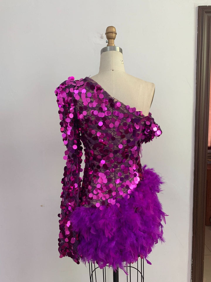 Luxury Purple Sequined Feather Skirt One-shoulder Sleeve Short Dress