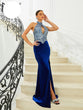 Missord Elegant halter Blue Velvet Sleeveless Cutout Sequin Dress