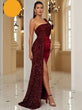 Wine Sequin Velvet Evening Dress