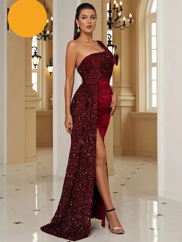 Wine Sequin Velvet Evening Dress