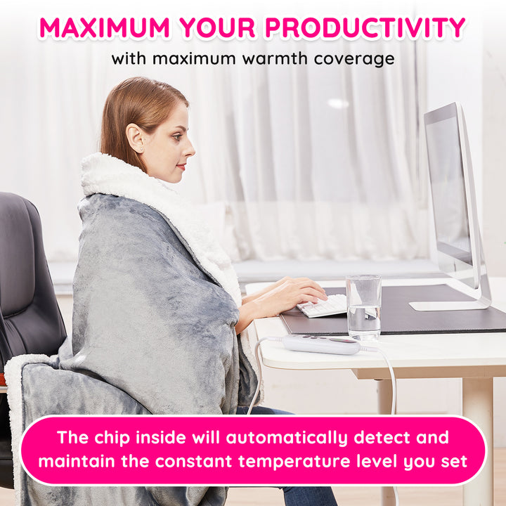 Electric Heated Blanket Throw 180 x 130 cm, Flannel Sherpa, Fast Heating, 10 Temperature Settings, Timer 9 Hrs Auto-Shutdown, Big Screen, for Home or Office, Machine Washable, ETL Certified, Gray